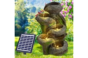AMUR Solar Gartenbrunnen Brunnen Zierbrunnen Zimmerbrunnen Springbrunnen Brunnen mit LED-Licht und Li-Ion-Akku Wasserfall Wasserspiel (Solar Gartenbrunnen BAUMSTUMPF & STEINSCHALEN)