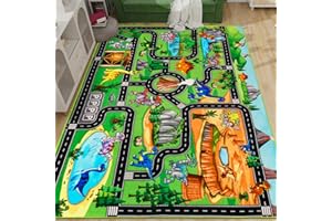 DINSUMRUG Kids Rugs for Playroom 200×150CM Dinosaur Car Play Mat Robot Dinosaur Park Road Educational Dino Road Rug for Toy Car Jurassic Themed Play Carpet for Kids, Toddlers, Nursery, Classroom
