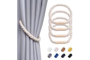 Pretty Jolly 4 Stück Magnetische Vorhang Raffhalter aus Holz, Boho, Heimdekoration, drapierte Raffhalter, handgefertigt, Baumwollseil, Vorhanghalter für Zuhause und Büro, Fenstervorhänge (Beige)