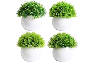 FEILANDUO Juego de 4 Mini Plantas Artificiales en macetas de Bolas de bonsái Falsas Plantas de césped Verde sintético en macetas de plástico Blanco para decoración de Escritorio al e Interior
