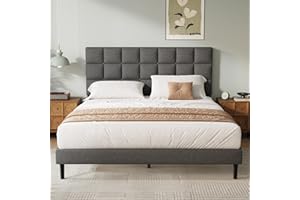 Yocreat Double Bed Frame, Easy Assembly, Sturdy Wooden Slat Support, Upholstered Platform with Headboard, No Box Spring Needed, Gray Double Bed 135×190
