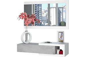 Habitdesign Ingresso con cassetto e specchio, mobile da ingresso, modello mezzogiorno, rifinito in bianco Artik e cemento, misure: 95 cm (larghezza) x 19 cm (altezza) x 26 cm (profondità)