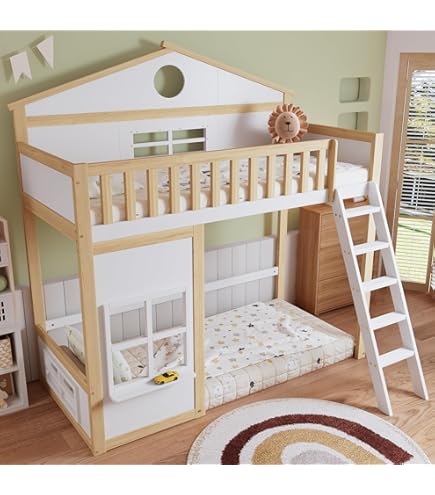 Stapelbed, vloerbed, 90 × 200 cm, met glijbaan en opbergruimte, trap voor 1-2 kinderen, kinderbed, huisbed, hoogslaper, houten bed, functioneel bed met lattenbodem en valbeveiliging, voor jongens of
