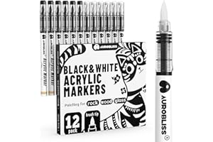 AUROBLISS Feutre Acrylique Brush Noir et Blanc, 12 Feutre Peinture Acrylique Stylo Peinture sur Métal, Galet, Verre, Bois, Céramique, Tissu Permanent Feutre Acrylique Pointe Souple