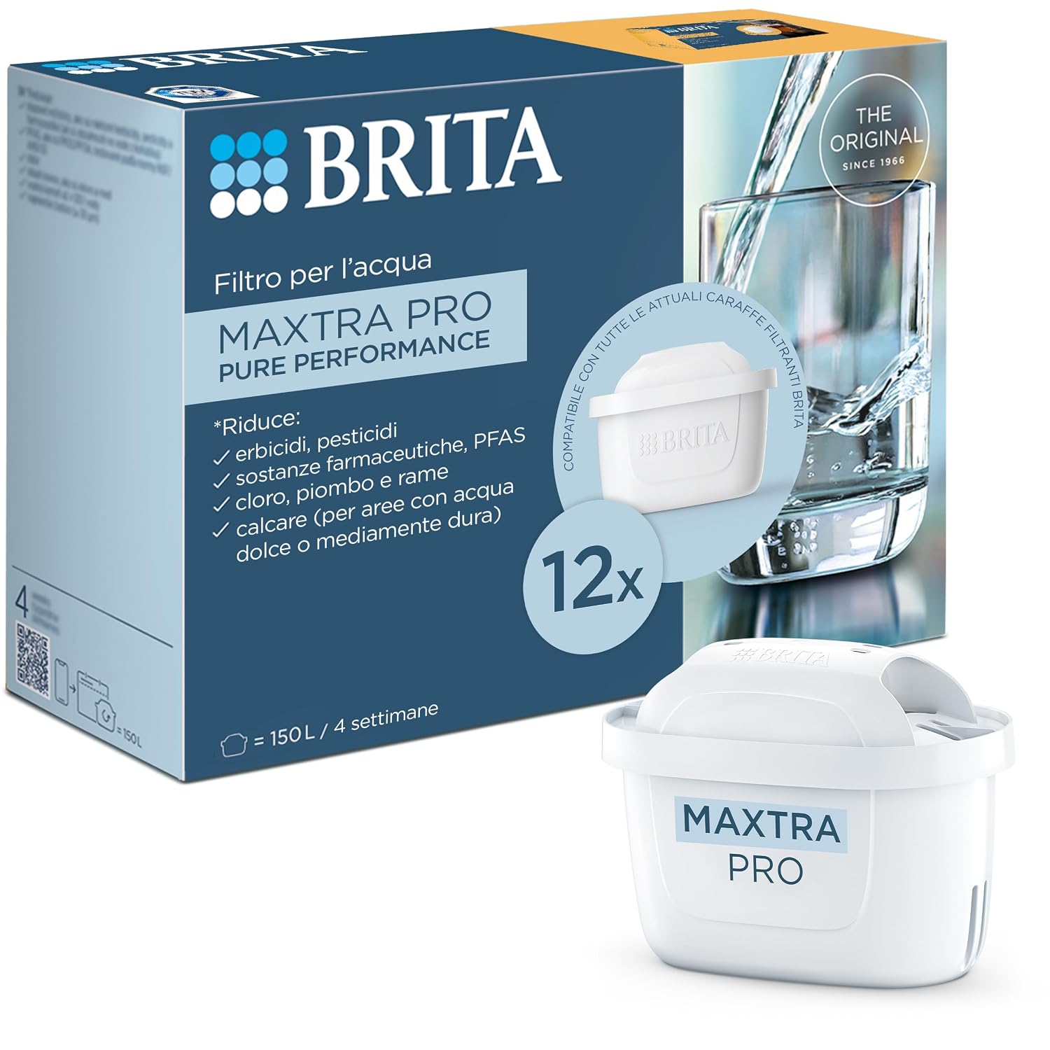 BRITA Filtro acqua rubinetto MAXTRA PRO Pure Performance (ex All-in-1) confezione da 12 filtri - Riduce cloro, calcare, PFAS e metalli, filtro originale compatibile con caraffa acqua filtrante BRITA