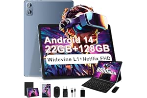 DGHRTI Tablette 10 Pouces Android 14 Tablette Tactile, 22Go RAM 128Go ROM/TF 1TB, UFS 2.1 Flash, 8-Cores 2.0GHz, Batterie 8000mAh, WiFi 5G, BT5.0, 8MP+5MP, Face ID, Widevine L1 avec Clavier et Souris, Gris