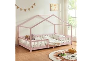 [en.casa] Letto per Cameretta a Forma di Casetta con Barriera di Protezione Letto Piazza e Mezza per Bambini Struttura in Legno di Pino 120 x 200 cm Rosa/Bianco