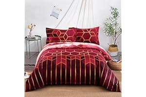 DJY Red Geometric Duvet Cover Golden Stripes Duvet Cover Set, Reversible Lightweight Bedding Sets 3pcs with Zipper Closure (Double, 200x200cm)