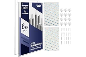 ‎DASHER PRODUCTS Acryl Schildhalter A4, 6 Stück, Transparenter Rahmen Papierhalter mit mehreren Befestigungsoptionen inklusive, Wandmontage Posterhalter, Kunststoff-Notiztafel für Zuhause, Büro (A4-6 Stück)