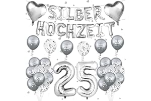 RUMIA Silberhochzeit 25. Luftballons Dekoration Silber 25. Zahl Foil Jahrestag Luftballons Silberhochzeitstag Deko 24 Stück 25. Hochzeit Hochzeitstag Konfetti Ballons für Silberhochzeitsjubiläum Dekoration