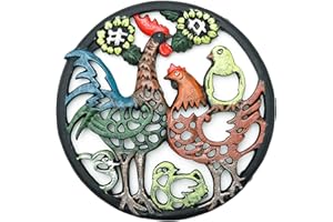 Sungmor -Salvamanteles Familiar Heavy Duty de Hierro Fundido Pintado a Mano Gallo - 21cmD- Estantes Redondos de Aspecto rústico y a Prueba de Herrumbre Retro Soportes para sartenes o teteras