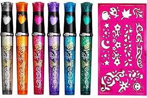 Panduro Tattoo Stifte Kinder 6er Set, Glitzer Tattoo Stifte Kinder, Hautfreundlich, 1 Schablone mit unterschiedlichem Muster, Perfekt für Mädchen, Geschenk, Geburtstagsfeiern, Karneval und Weihnachten