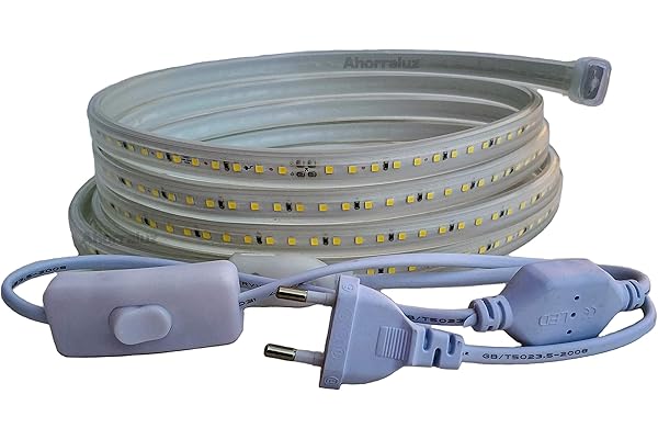 Ahorraluz Tira Led de 220v 2835 120 Led/m ALTA LUMINOSIDAD, con INTERRUPTOR. IMPERMEABLE Blanco Frío/Neutro/Cálido Waterproof IP67 strip (Blanco Cálido, 2,5M)