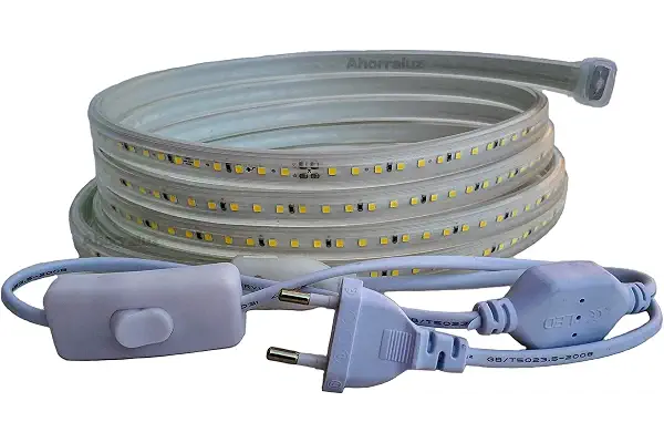 Ahorraluz Tira Led de 220v 2835 120 Led/m ALTA LUMINOSIDAD, con INTERRUPTOR. IMPERMEABLE Blanco Frío/Neutro/Cálido Waterproof IP67 strip (Blanco Frío, 2M)