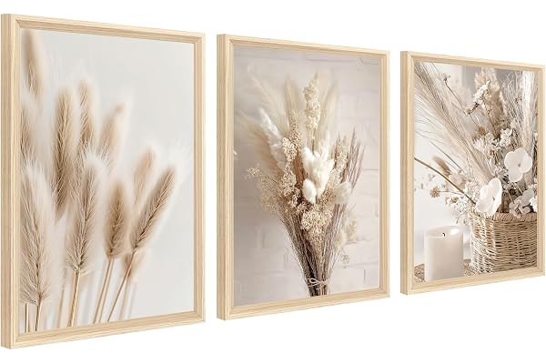 3Pcs Cadre en bois Impression sur Toile Beige Boho Herbe de Pampa Tableau Peinture Affiche Fleur nordique Sauge Herbe Séchée Tableau Decoration Murale Salon Chambre 30x40cm x3 (Pas de plexiglas)