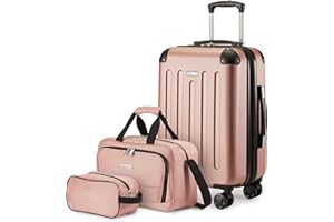 Amazon Basics Hardside Carry-On Spinner Luggage Set, 3-Piece, Carry-On Suitcase, Tote Bag, Compact Travel Bag, Expandable, 4 Spinner Wheels, Rose Gold