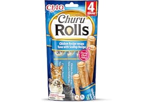 INABA Churu Rolls - Friandises pour Chats à Nourrir à la Main - Délicieux Snacks pour Chats avec Une Garniture crémeuse - Thon enrobé de coquilles Saint-Jacques