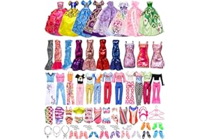 HEUCHAEY 50 sztuk ubrań i akcesoriów dla lalek,3 suknie wieczorowe,3 sukienki imprezowe,3 Topy, spodnie,2 stroje kąpielowe,10 butów，25 akcesoriów,jubilerskich,wieszak,dla dziewczynki 30 cm