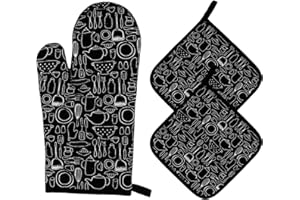 MENGH-SHOP Guanti da Forno e Presine da Cucina Set di Guanti da Forno Resistenti al Calore Pratico Cotone Fodera Guanti da Barbecue per Cucinando Cottura Grigliare BBQ 3 Pezzi (Nero)