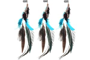 MWOOT Paquet de 3 Clipser Extensions de Cheveux de Plumes, Extension de Plumes de Paon pour Femmes Carnaval Costume d'Halloween Coiffe de Cosplay, Pince à Cheveux Hippie, Clips de Plumes Bleues