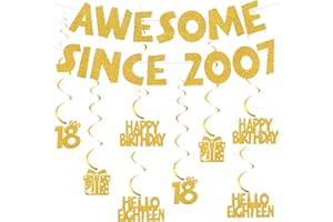 AURMONIGO 18th Birthday Banner Decorations Gold - Awesome Since 2007 Glitter Banners and Hanging Swirls, Happy 18th Birthday Party Decoration for Girls and Boys