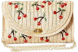 EVEOUT Bolsos de hombro de paja para mujer Bandolera con bordado de plátano y cereza Clutches de paja para la fiesta de bodas de verano