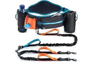 SparklyPets Double Bungee Waist 2 Laisse pour chien avec attelle dorsale – Double laisse pour chiens de taille moyenne/grande – Sac banane de course avec poches pour téléphone, déchets, friandises et