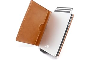 Stealth Wallet Porte Carte Bancaire RFID pour Homme - Porte-Cartes De Crédit avec Mécanisme Pop Up et Boîte Cadeau - Portefeuilles de Crédit Aluminium Minces (Aluminium Argent, Cuir Fauve)