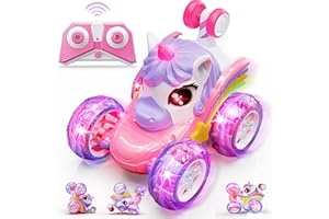 Jofuni Einhorn Ferngesteuertes Auto ab 3 Jahre, Geschenk Mädchen 3 4 5 6 Jahre, 2.4GHz RC Auto, Einhorn Spielzeug, Einhorn Geschenke für Mädchen, 360° Stuntauto mit LED-Lichtern