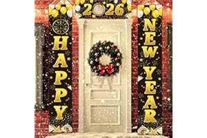 PXDUCN Happy New Year Banner, New Years Eve Decorations 2026, 3 PCS Black Gold Happy New Year Door Banners & Porch Signs, Hanging Banners for Yard Indoor Outdoor New Years Party Accessories Supplies for 14+