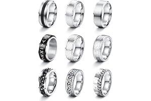 LOLIAS 9 Stück Edelstahl Herren Ringe Silber Schwarz Matt Finish Poliert Band Ring Kitten Ring Flaschenöffner Ringe Ehering Verlobungsringe Vintage Fidget Ring für Männer Damen