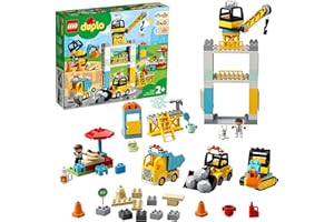 LEGO 10933 DUPLO Town Tower Crane & Construction Vehicle Toys with Digger, Truck, Light & Sound and Push & Go Motor for 2-5 Years Old