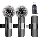 Uewpv Wireless Microphone for iPhone iPad &amp; Android &ndash; 2 Pack Mini Clip-On Mobile Microphone with Noise Cancellation, USB-C/Li