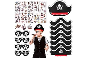 LFENYIGI Dekoracja urodzinowa dla dzieci w stylu pirackim z 8 czapkami i 8 tatuażami pirackimi, 10 tatuażami, czaszką, na imprezę i urodziny, Halloween