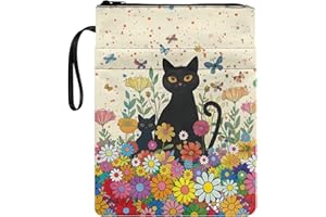 Wanyint Black Cat Hippie Flower Book Cover Daisy Floral Book Sleeve Protector with Zipper and Front Pocket 11.7 x 8.4 Inch for Library School Office Club