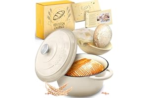 ‎KRUSTENZAUBER KRUSTENZAUBER Gusseisen Topf Brot backen emailliert inkl. Gärkorb - 26cm Emaille-Topf samt Zubehör - Ideal als Brotbacktopf, Brottopf, Brotbackform mit Deckel, Gusseisentopf Brotbacken, Schmortopf