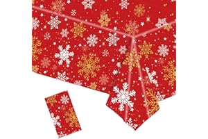 POPOYU Christmas Tablecloth,137x274cm Large Xmas Snowflake Red Table Cloth,Rectangle Waterproof Plastic Party Table Cover for Christmas Party Dinner,Winter Holiday,Christmas Table Decorations