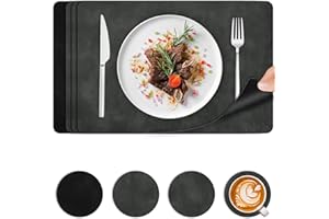 BEIJIE Placemats and Coasters Set 4, Faux Leather Dual Sided Table Mats Heat-Resistant, Washable Wipeable Place Mats for Table, Cowhide Grain Non-Slip Placemats for Home Restaurant(Dark Grey & Black)