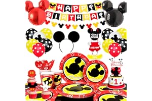 Mickey Mouse Party Supplies Kit,131pcs Deco Anniversaire Mickey&Vaisselle de Fête Mickey Mouse Set-Mickey Ballon Bannière Nappe Assiettes Tasses Serviette ect Mickey Mouse Decoration Anniversaire