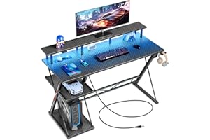 SEVEN WARRIOR Escritorio Gaming con LED y Enchufes, Mesa Ordenador con Soporte para Monitor y Torre, Mesa Escritorio con 2 Ganchos y Reposapiés, Ideal para Dormitorio y Oficina