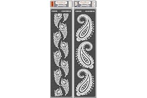 CrafTreat Plantillas reutilizables con borde indio para pintar paredes y azulejos, borde de plumas de pavo real y borde de cachemira, paquete de 2, 3 x 12 pulgadas, plantillas para manualidades