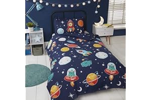 Rapport Home Kids Space and Aliens 2 Piece Single Duvet Cover Set Dark Blue Planets and Galaxies Childrens Single Bedding Set