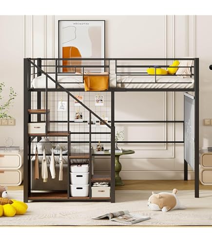 Lit Mezzanine Métal 90x200 Cm Avec Armoire Et échelle – Idéal Pour Chambre D’enfant Ou Studio, Capacité 150 Kg