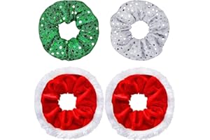 BLULU 4 Pieces Large Size Christmas Hair Scrunchies Cute Elastics Scrunchies Glittery Sequin Green Silver Hair Bands Red Fabric Hair Accessories with White Fur for Hair Decoration