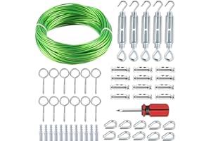 hannger 30m Drahtseil Set, 3mm Stahlseil mit Ösen Grün PVC Ummantelt Spanndraht & Mehrzweck Spannschlösser für Wäscheleinenspanner, Garten Drahtseil, Lichterkette Glühbirnen Außen