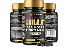 SEA VITALITY Shilajit Seamoss and Lions Mane Capsules - 60 High-Strength Vegetable Capsules, 1600mg per Serving, Pure Shilajit, Natural Sea Moss, and Lion's Mane for Enhanced Cognitive and Physical Health
