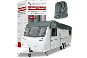 UK Custom Covers Caravan Roof Cover - Heavy-Duty Waterproof UV-Resistant 150D Breathable Roof Protector with Adjustable Straps, Hooks & Storage Bag for All-Weather Use (14–17ft, Grey)