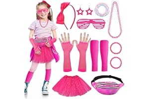 Partideal 80s Fancy Dress Costume for Girls, 23Pcs 1980s Outfit Accessories Set Tutu Skirt Leg Warmers Fishnet Gloves Necklace Bracelets Bow Headband Star Earrings Glasses Bumbag
