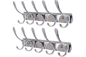 SKOLOO Lot de 2 porte manteau mural moderne avec 5 crochets, robuste, en métal, pour accrocher vêtements, manteau, chapeaux, vestes, sac à dos, argent