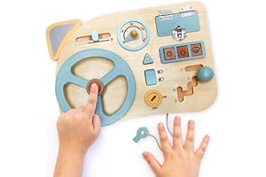 LA·LA · LLAMA Montessori Toy Steering Wheel - Car Driving Toddler Busy Board - Wooden Sensory Activity Board for Kids 3 4 Year Old - Fine Motor Skills Toddler Driver Toys with Keys Latches Buttons